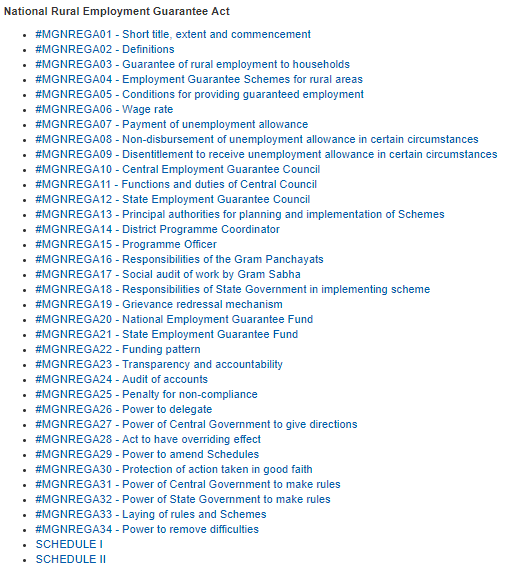 Mahatma Gandhi National Rural Employment Guarantee Act, avec un code hashtag pour chaque article