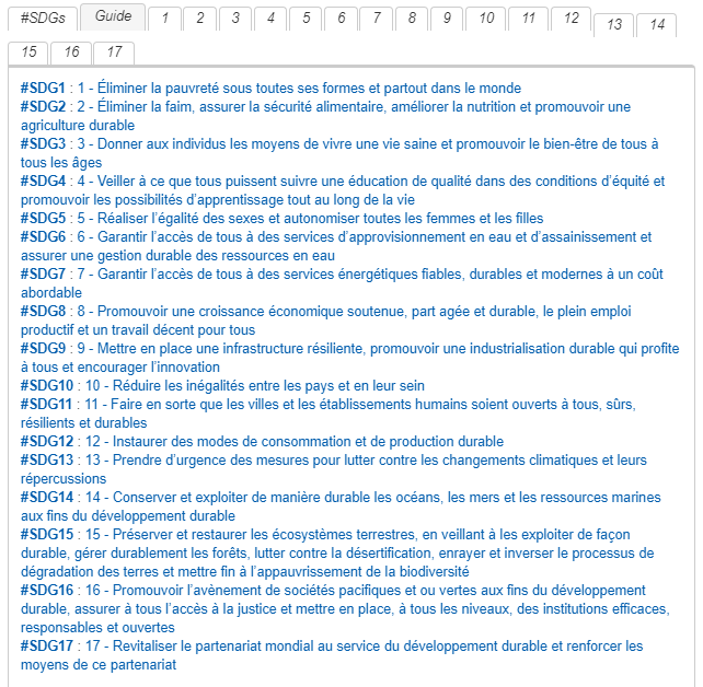 La première page de la table à onglets des Objectifs de Développement Durable et des Cibles