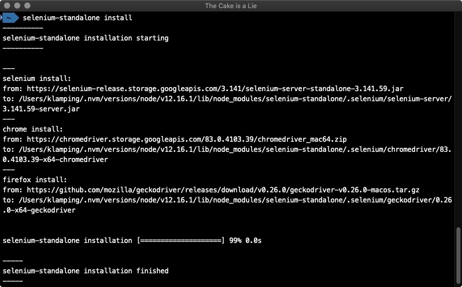Terminal Output from running selenium-standalone 'install' command