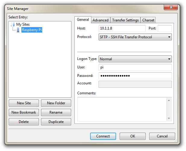 FileZilla New Site Dialogue Box Details