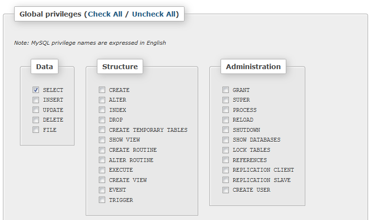 phpMyAdmin SELECT user