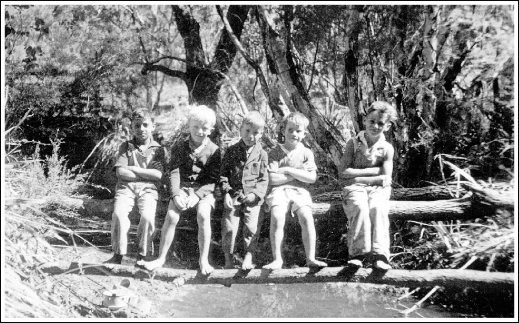 On Jane Brook, Parkerville, Western Australia _ 1947. Vic Green, Ian Currie, unknown boy, Graeme Woodford, Frank Green.