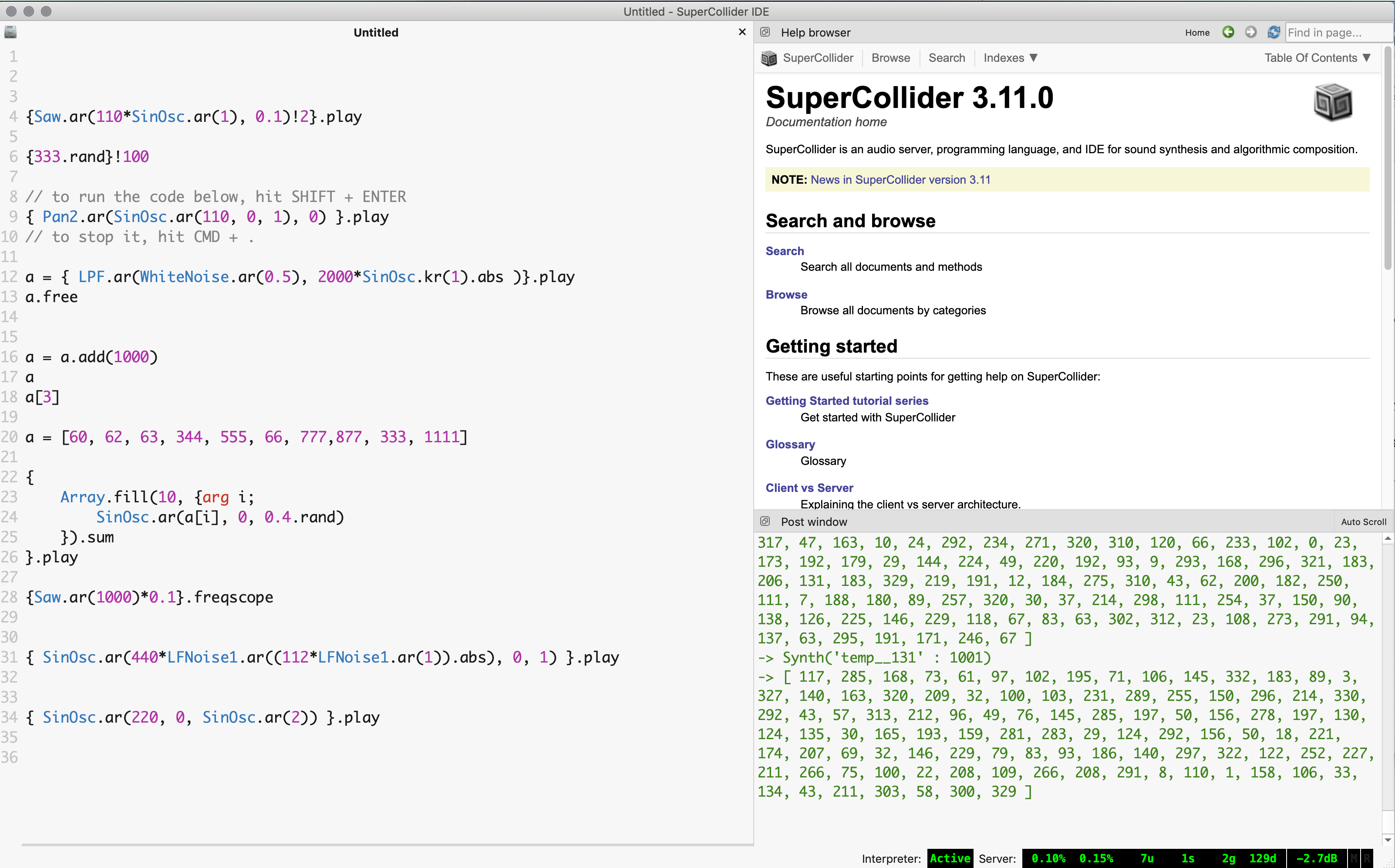 A screenshot of the SuperCollider IDE
