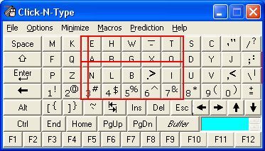 **Figure: Click-N-Type Scanning Keyboard**. A Scanning Keyboard; normally a cursor moves across the top of each column (referred to as column scanning). To select a character the user presses the switch when the cursor is over the column containing that entry. At which point the cursor starts down the menu column highlighting each character in that column as it moves. When the desired character is highlight, the user presses the switch to select that character. ---Image Credit: Click-N-Type.