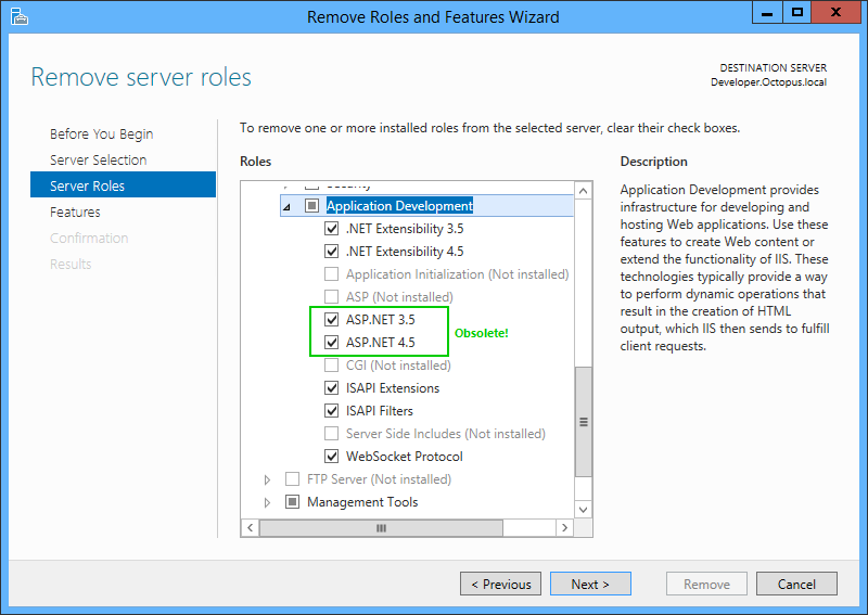 The ASP.NET features of the IIS role are no longer necessary for ASP.NET 5 applications