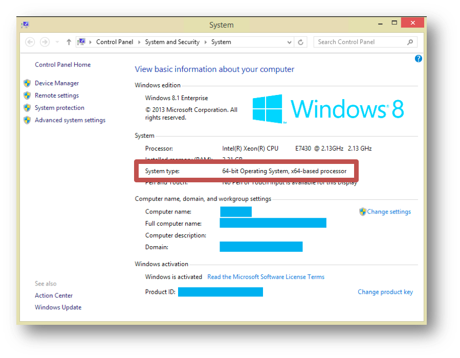 The Windows system panel, where you can find out if you're running 64 or 32bit.