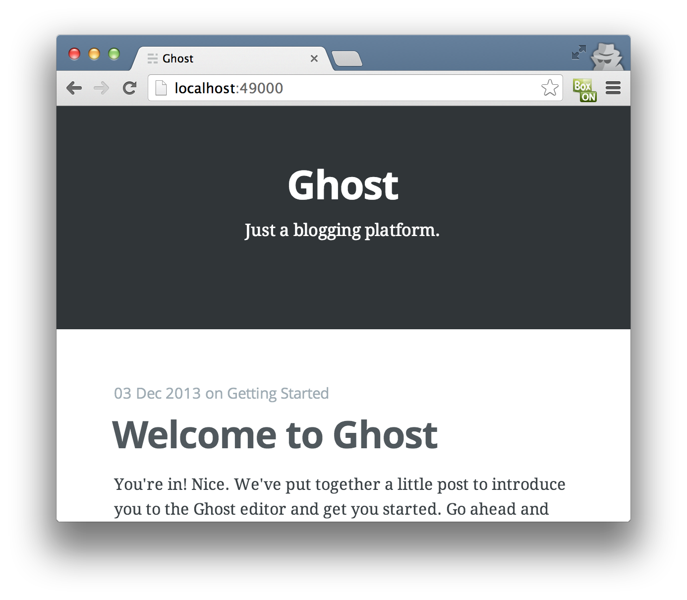 Figure B: A Ghost blog in a Docker container in a VM, displayed on a browser in OS X