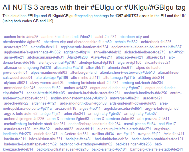 The partial #EUlgu and #GBlgu NUTS 3 hashtag cloud