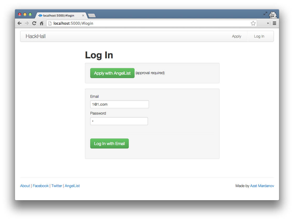 The HackHall login page with seed data.