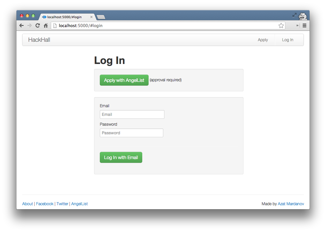 The HackHall login page running locally.