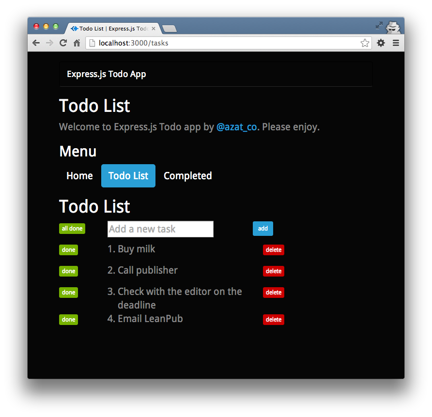 The Todo List page with added items.