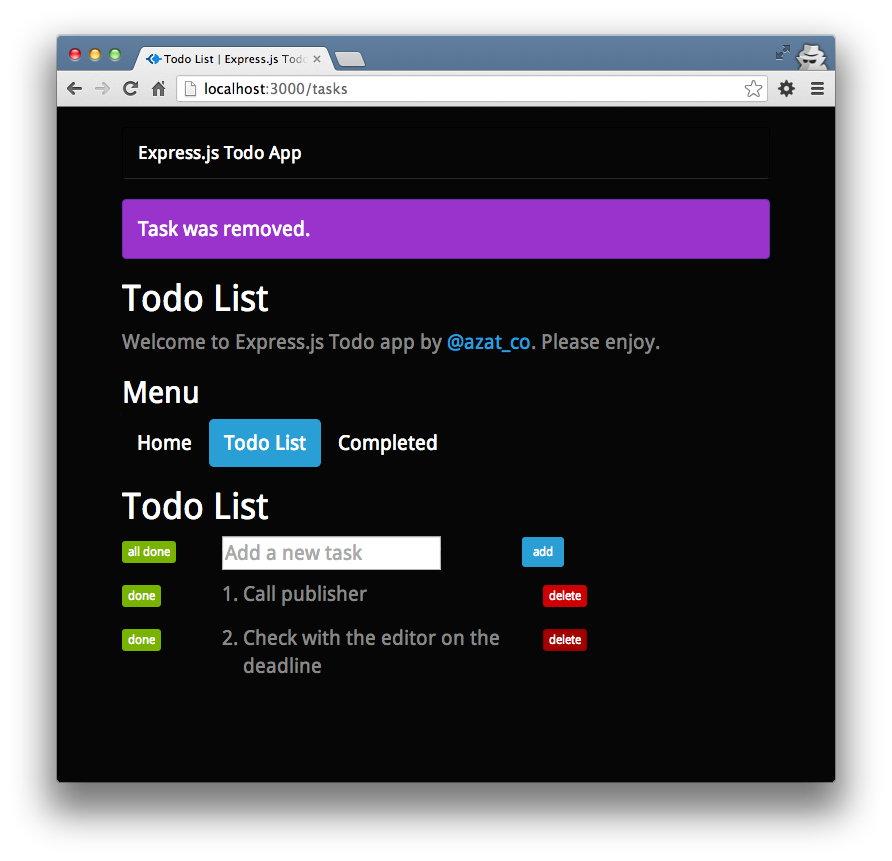 The Todo List page with a removed tasks.