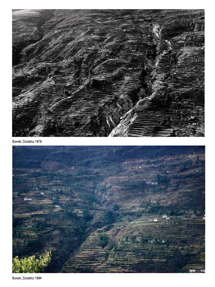 Photos showing the impact of local democracy in community forestry in Bonch, Dolakha: 1978 and 1994