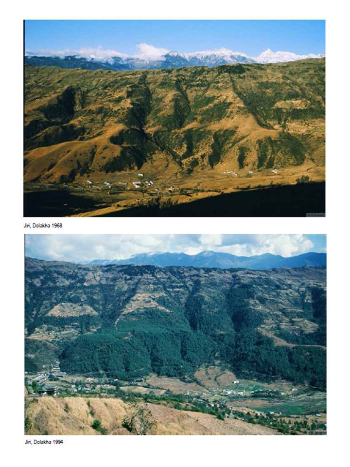 Photos showing the impact of local democracy in community forestry in Jiri, Dolakha: 1968 and 1994