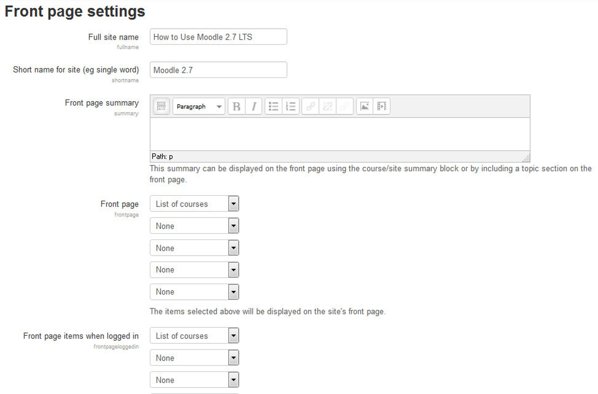 Figure 19-13 Editing your site's  front page settings