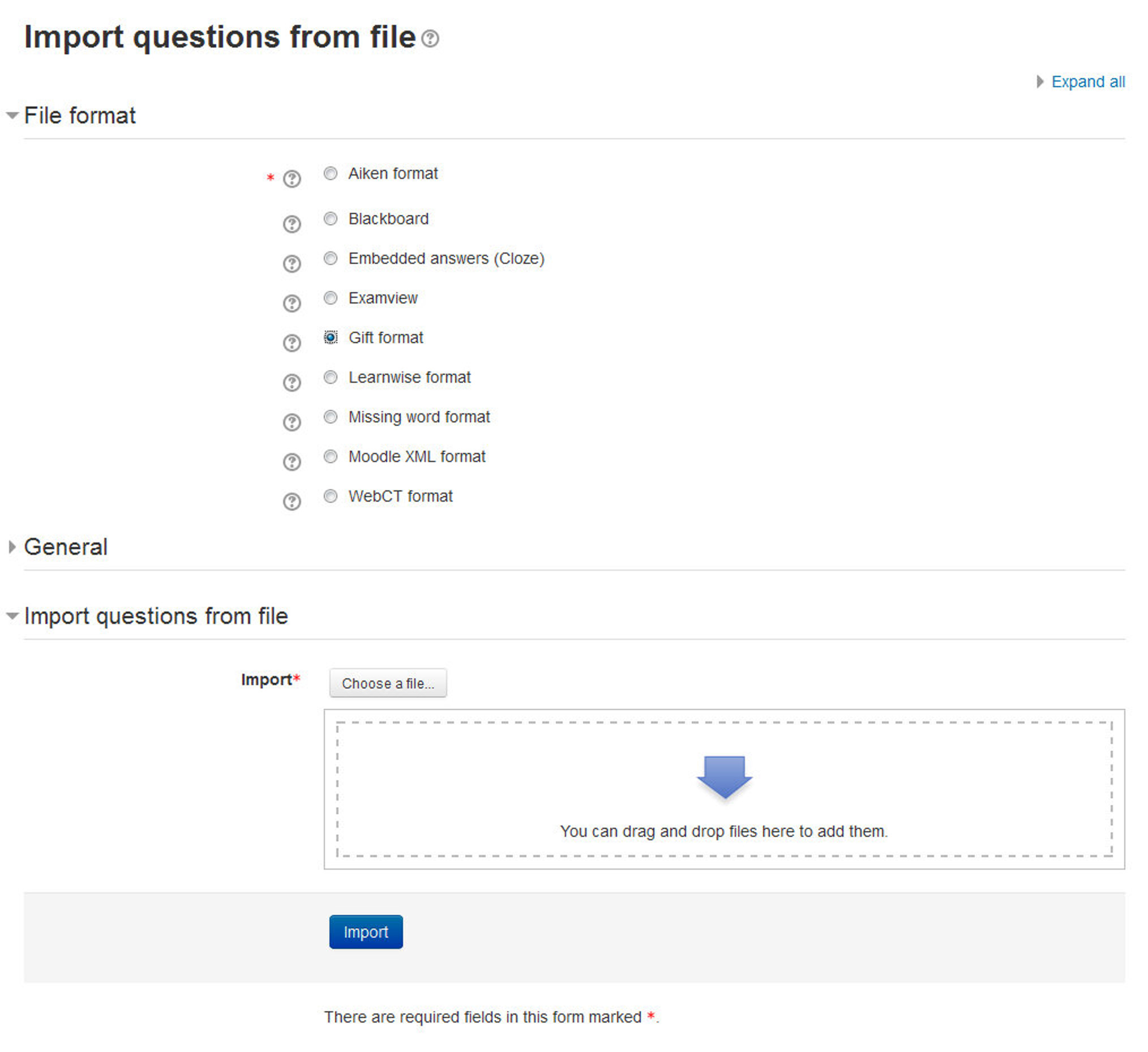 Figure 8-12 Importing questions to the quiz