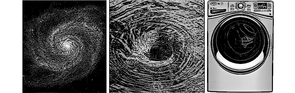 Figure 4.2: From left to right, 1. Whirlpool Galaxy (Universal True-North Value) © 2005 NASA (Public Domain); 2. Whirlpool of Water (process True-North Value) © 2011 CC BY-SA 3.0; 3. Whirlpool® Washing Machine (Commercial True-North Value) © 2015 Whirlpool Corporation http://www.whirlpool.com/ (NYSE: WHR)