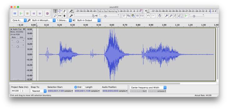 Waveform zoomed out. Individual alternations above and below zero are now too small to be seen, but we may observe three large and a couple of smaller sound bursts