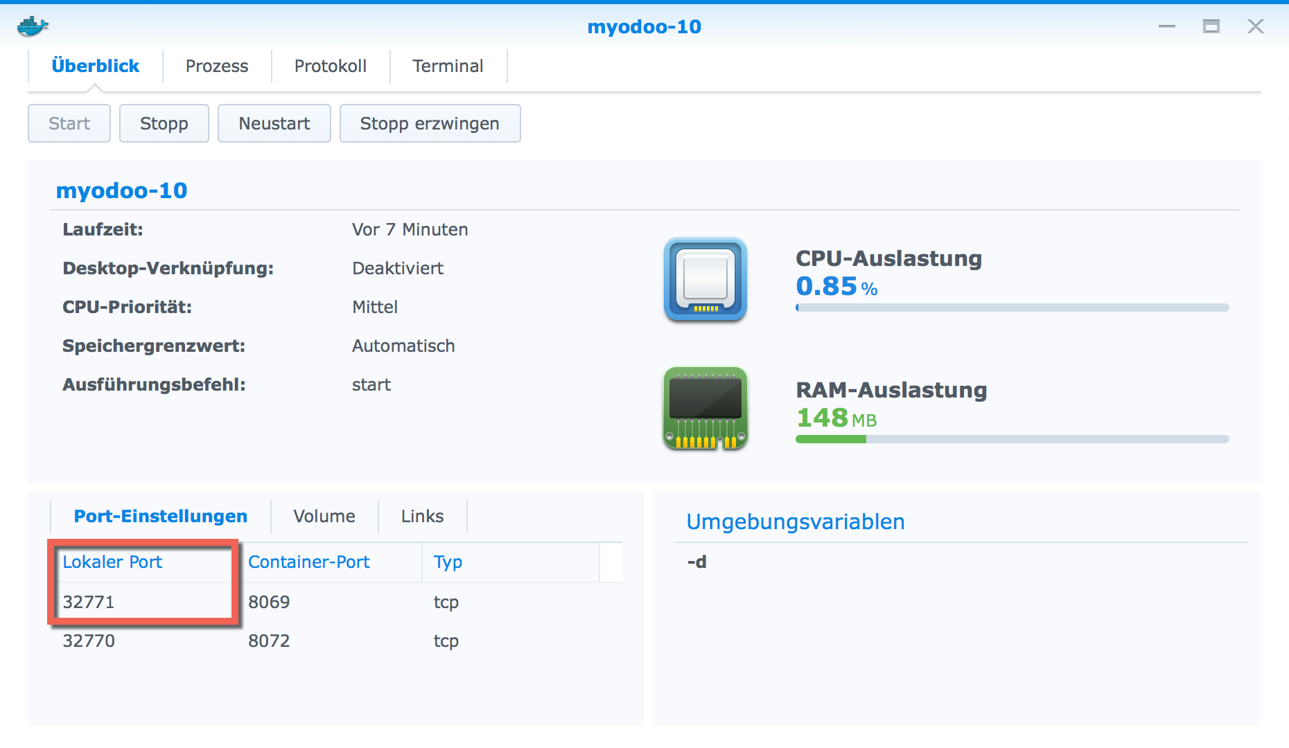 Docker - Synology MyOdoo Container Details