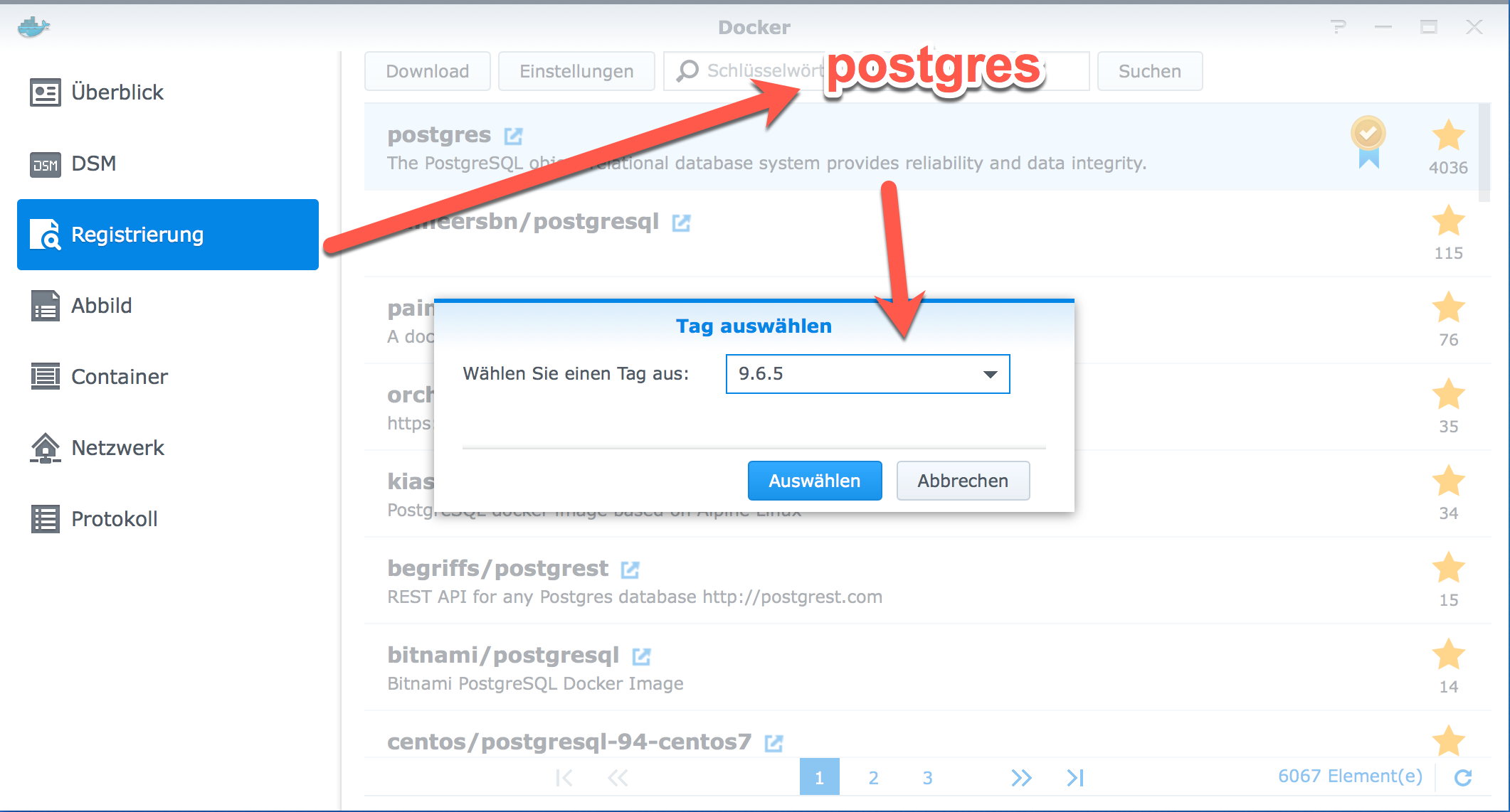 Docker - Synology PostgreSQL Tag wählen