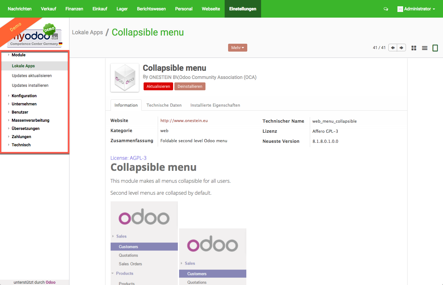 Odoo: Collapsible menu