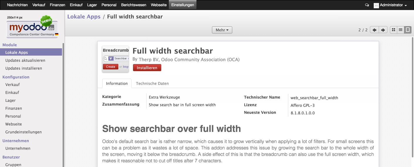 Odoo: Full width searchbar