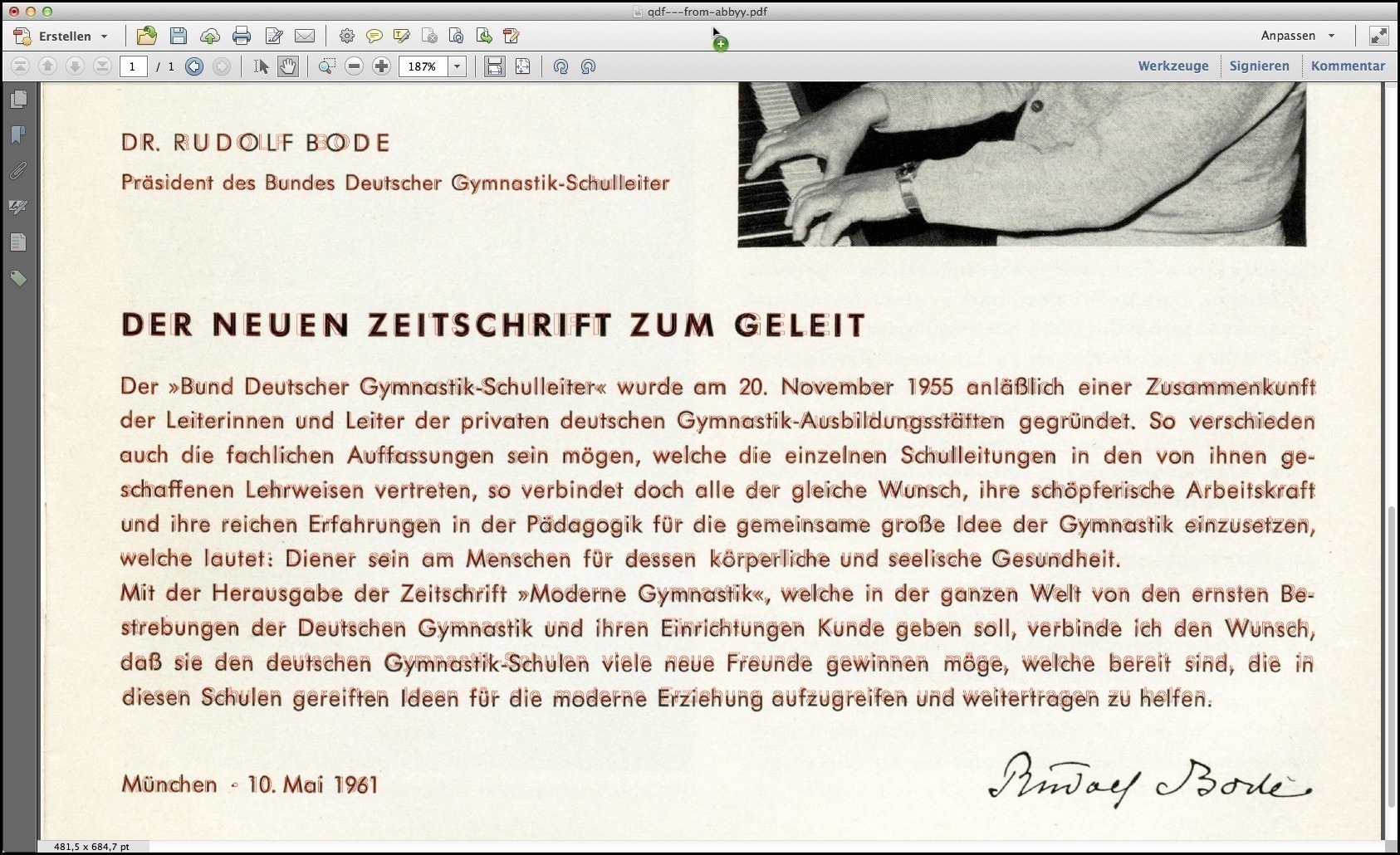 Screenshot showing the manipulated scanned/OCR-ed PDF page opened in Acrobat. The hidden OCR text is now made visible as thin red outlines. Zooming in to the image will reveal more details.