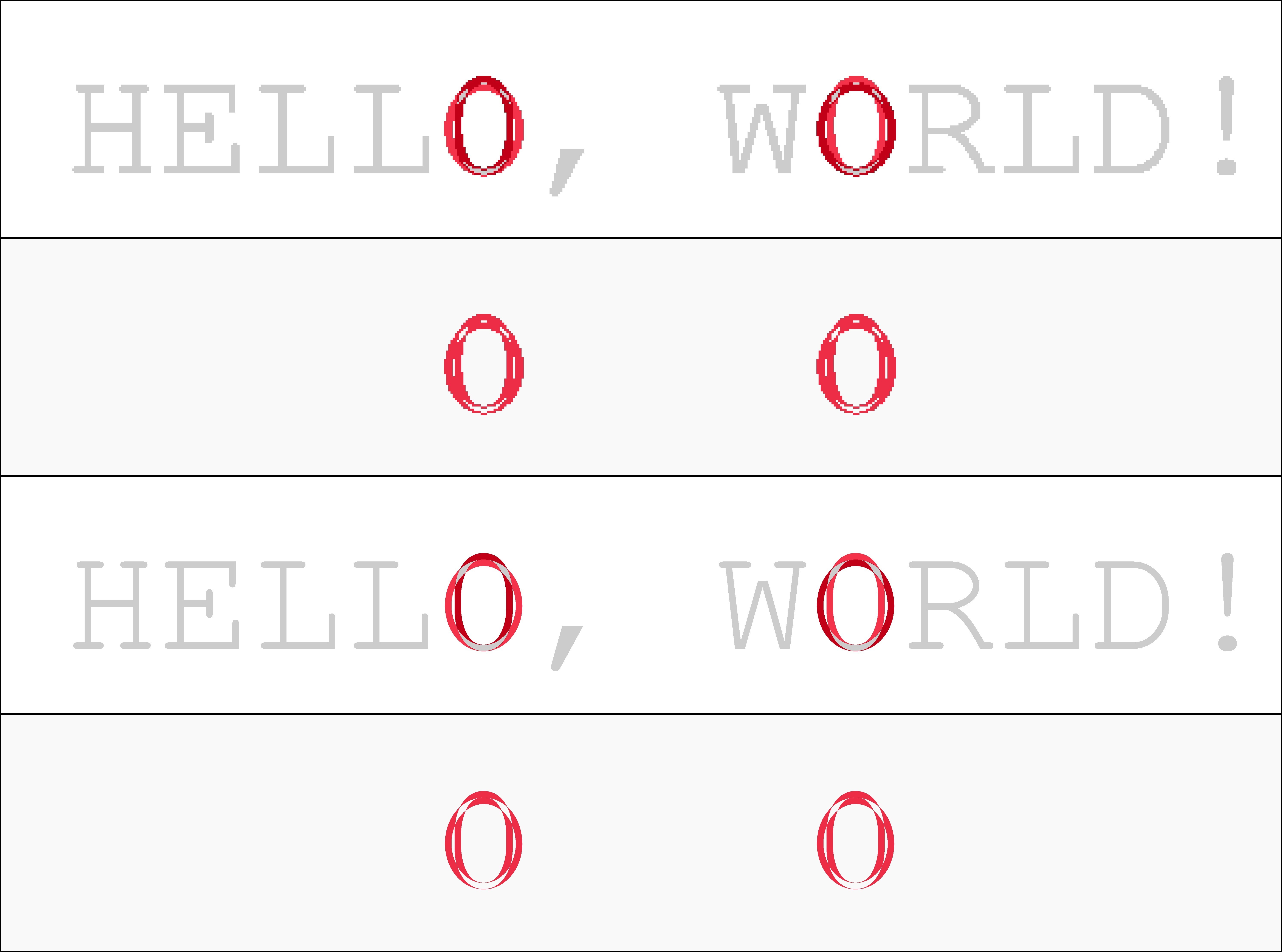 Four different visualizations of differences. 
The top two use a 72 ppi resolution, the bottom two a 720 ppi resolution. 
The 2nd and the 4th do not show a grayscale context background, but only white and red pixels.