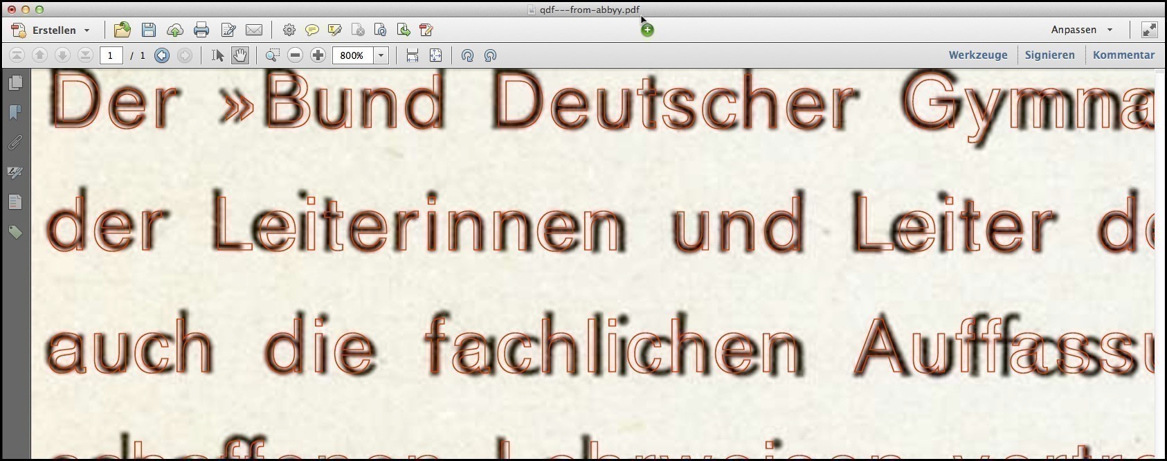 Zooming into the manipulated scanned/OCR-ed PDF page at 800% in Acrobat.