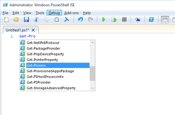 Figure 1-3. IntelliSense in the Windows PowerShell ISE will help you narrow the universe of commands from which you can choose.