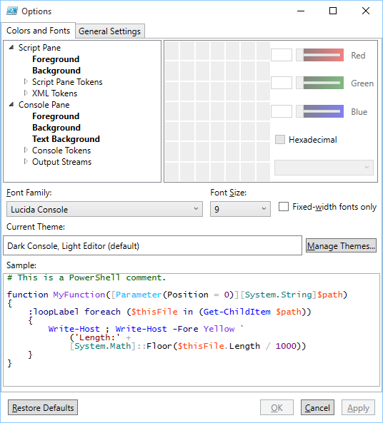 Figure 1-4. Adjusting the aesthetics of the Windows PowerShell ISE.