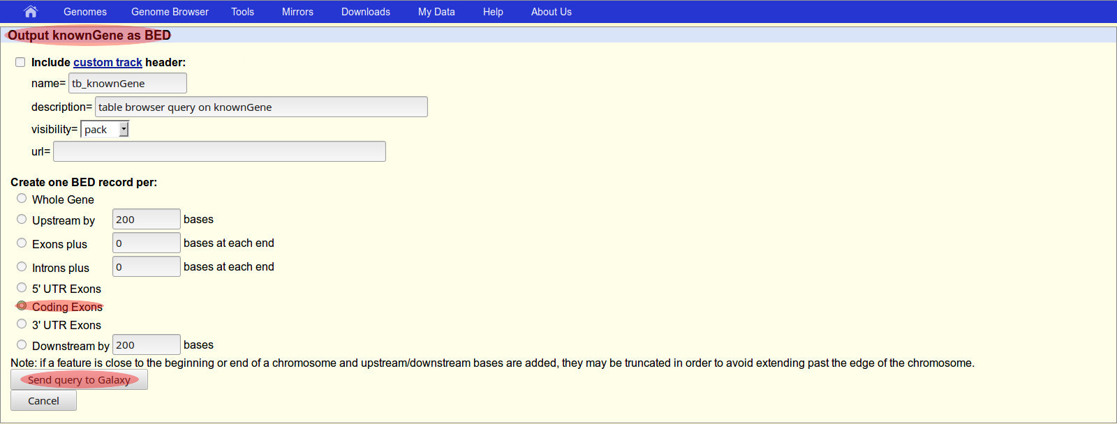 UCSC Second Screen for downloading coding exon data.