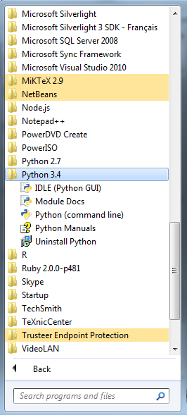 Dossier Python dans le menu Démarrer 