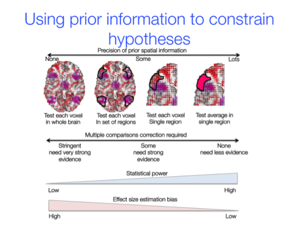 Figure 4.5. Researchers can apply hypothesis tests to each brain voxel, to a set of voxels in pre-defined regions of interest (ROIs), to voxels in a single ROI, or to signals averaged over voxels in one or more ROIs, depending on the prior information brought to bear to constrain hypotheses.
