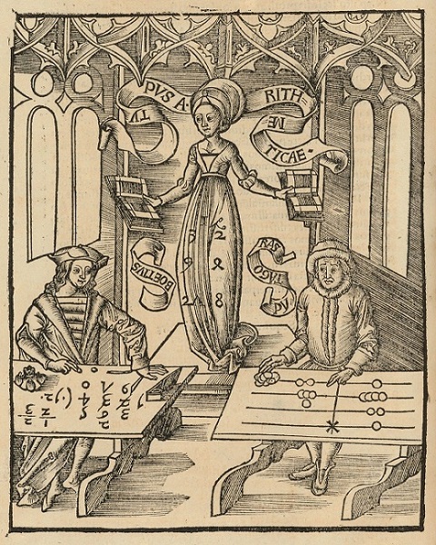 Arithmetica instructing an algorist and an abacist, 1503, http://wikipedia.org