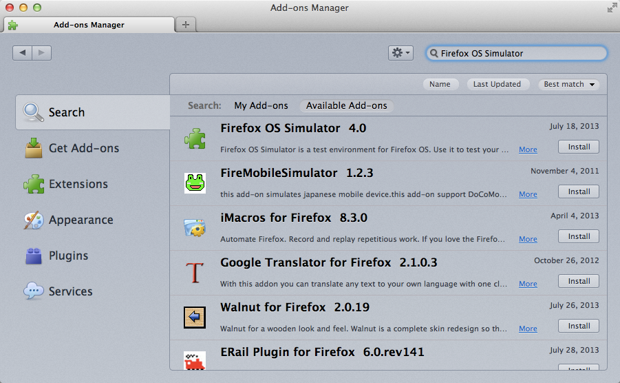 Add-on manager showing the simulator add-on