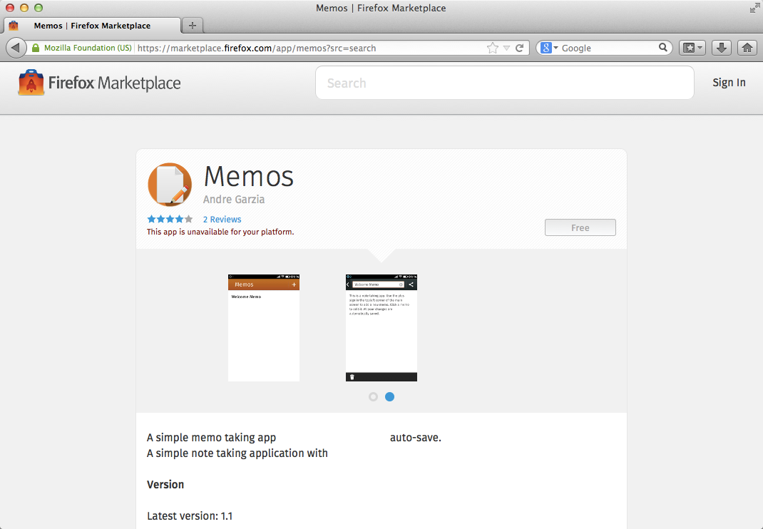 Memos app shown at the Firefox Marketplace