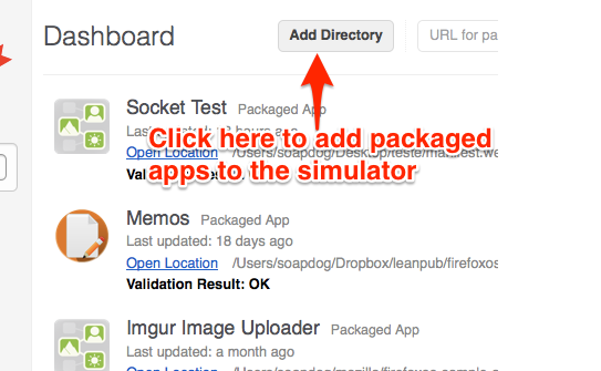 Showing the *Add Directory* button that adds a packaged app to the simulator