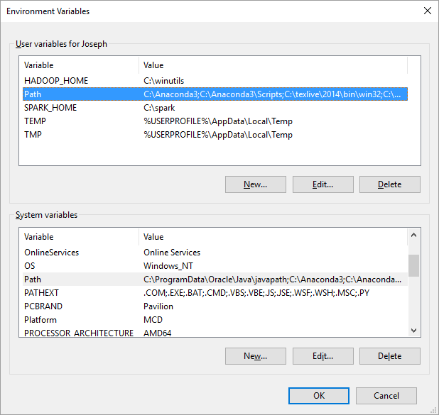 Figure A-6: Windows environment variables settings