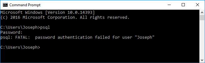 Figure A-8: This error means that PostgreSQL guessed the username wrong.