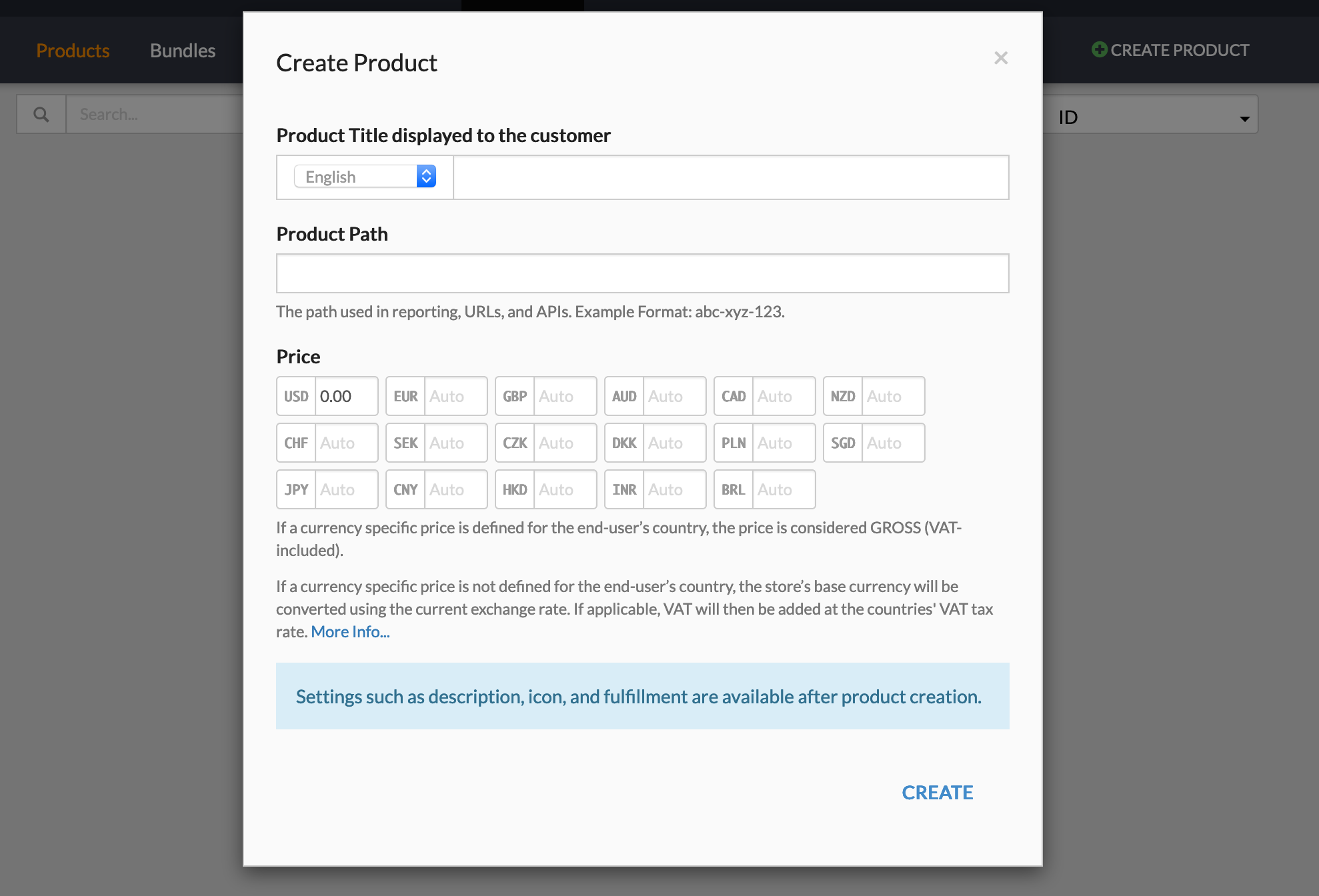 Product creation dialog.