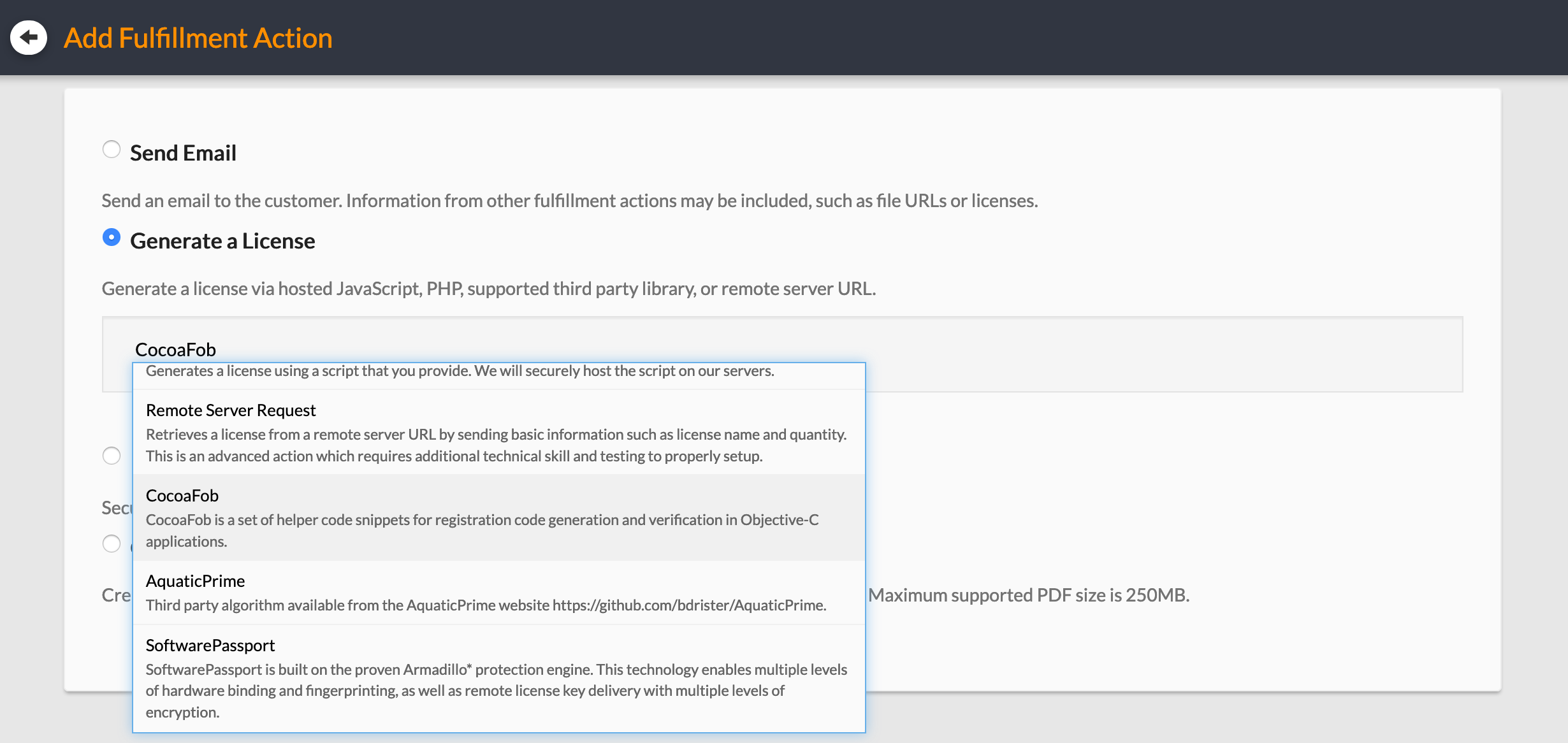 Choose CocoaFob-based license generation from the fulfillment options