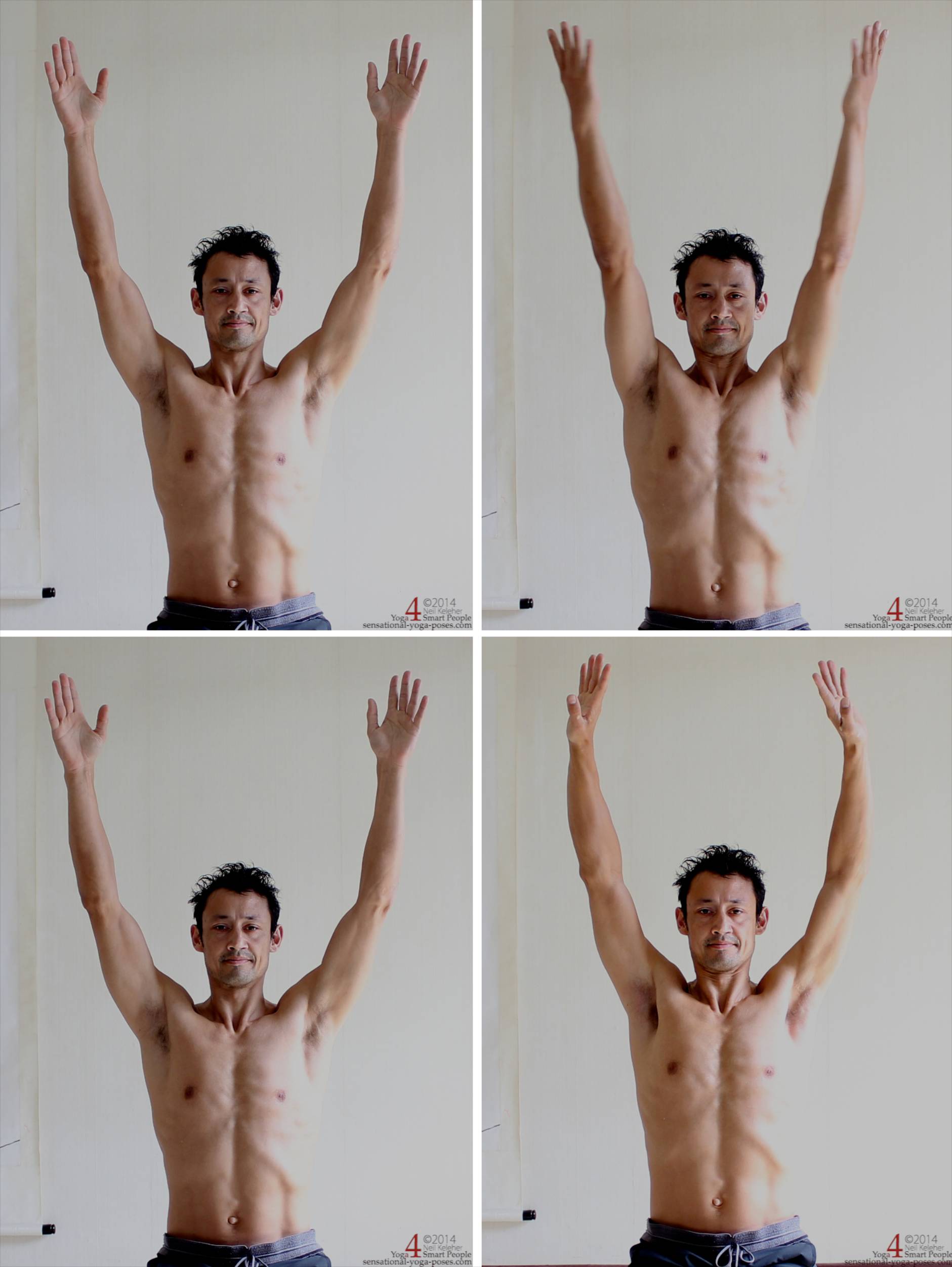 Arms Up: 1. Neutral. 2. Externally rotated. 3. Neutral. 4. Internally rotated.