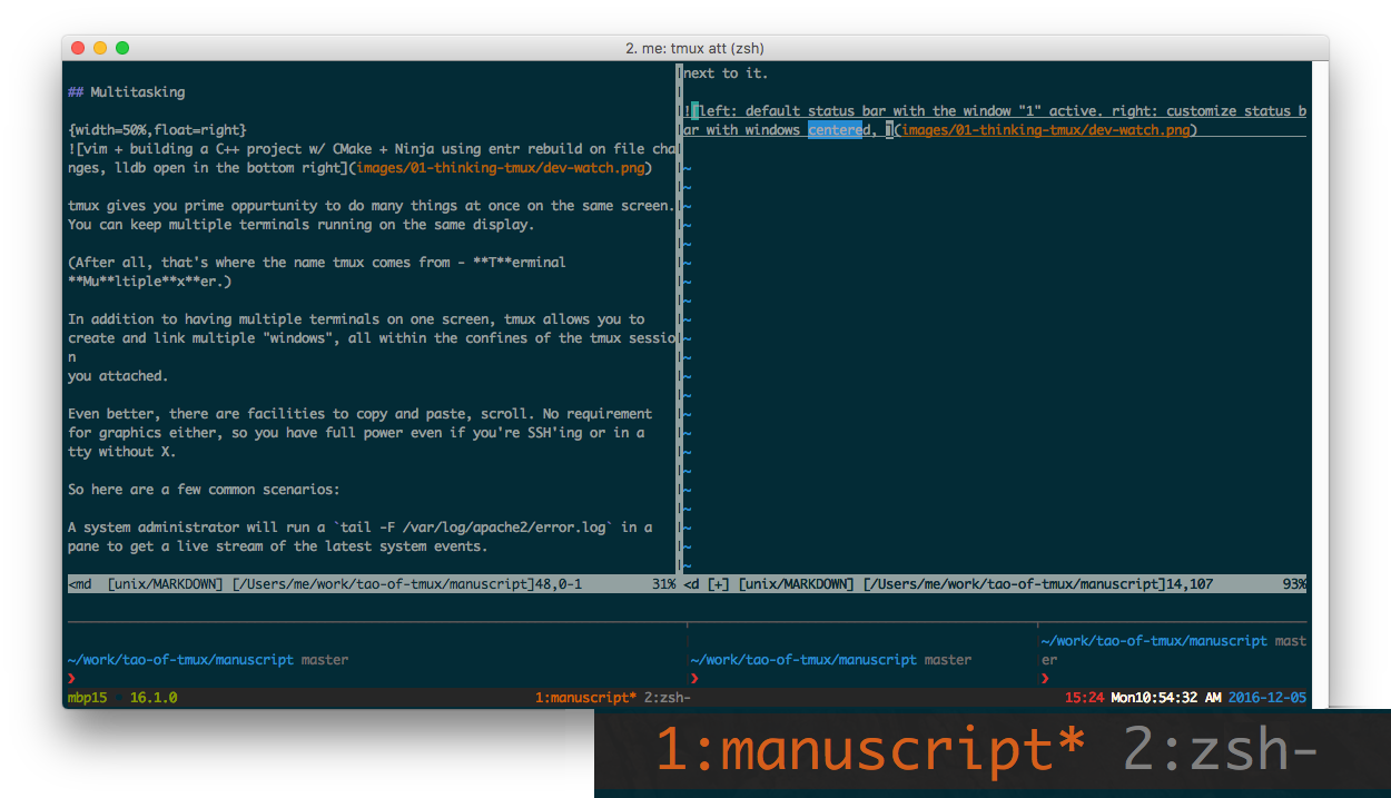 The first window, ID 1, titled "manuscript" is active. The second window, ID 2, titled zsh.