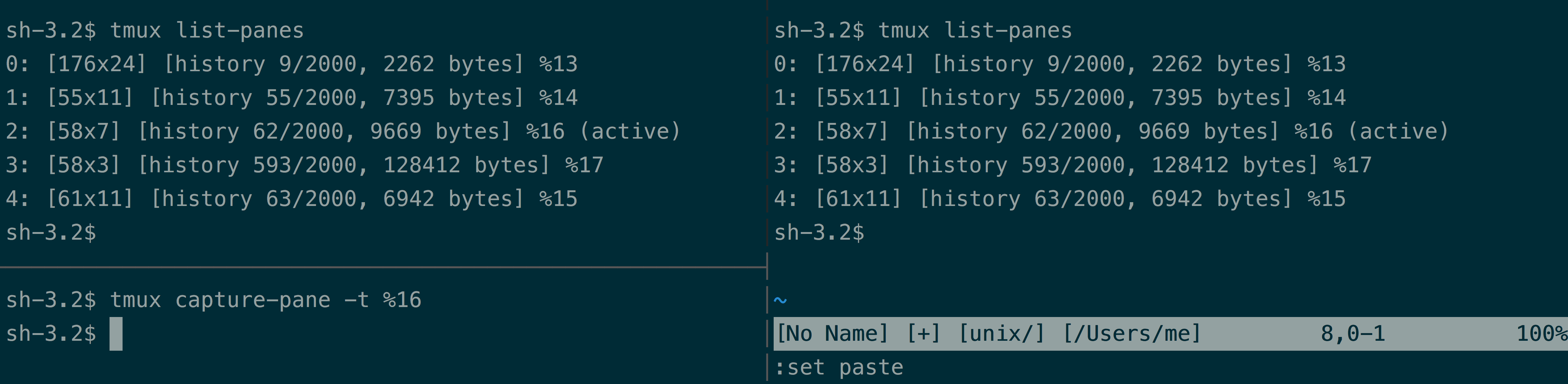 Top-left: Listing panes, Bottom-left: Capturing pane output of top-left pane,
Right: Pasting buffer into vim.