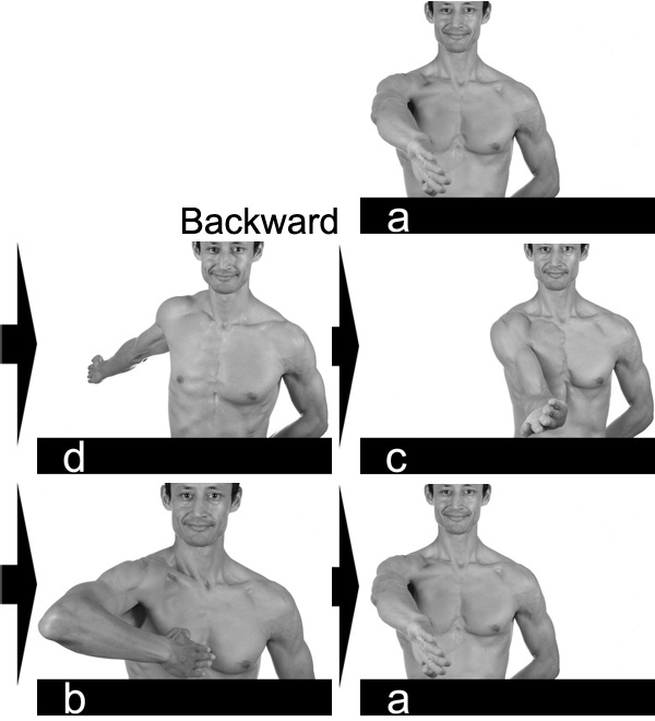 Backward move with hand vertical. 