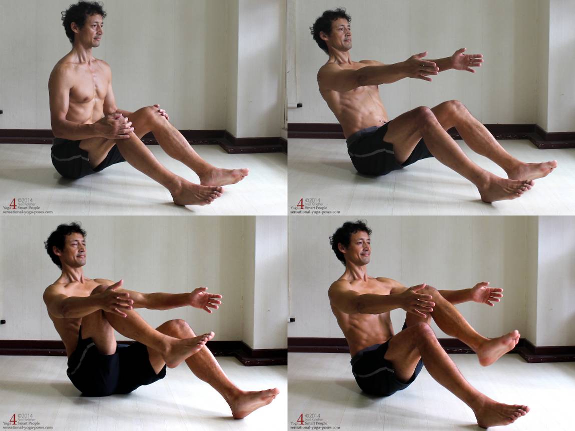 1. Sitting upright with chest lifted.   
2. Leaning Back with arms reaching forward and heels on the floor.  
3. Lifting one thigh.  
4. Lifting the other thigh. 