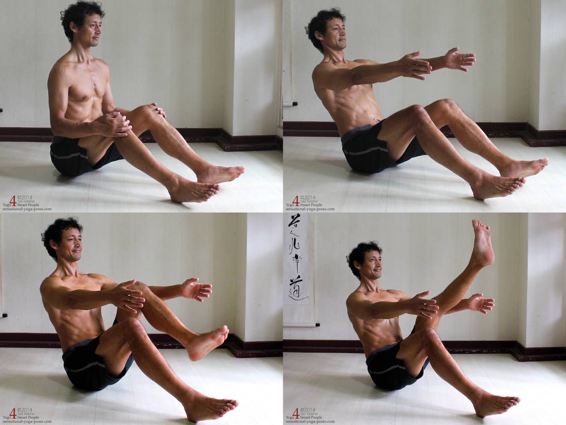 1. Sitting upright with chest lifted.   
2. Leaning Back with arms reaching forward and heels on the floor.  
3. Lifting one thigh.  
4. Straightening the knee (thigh doesn't move.)