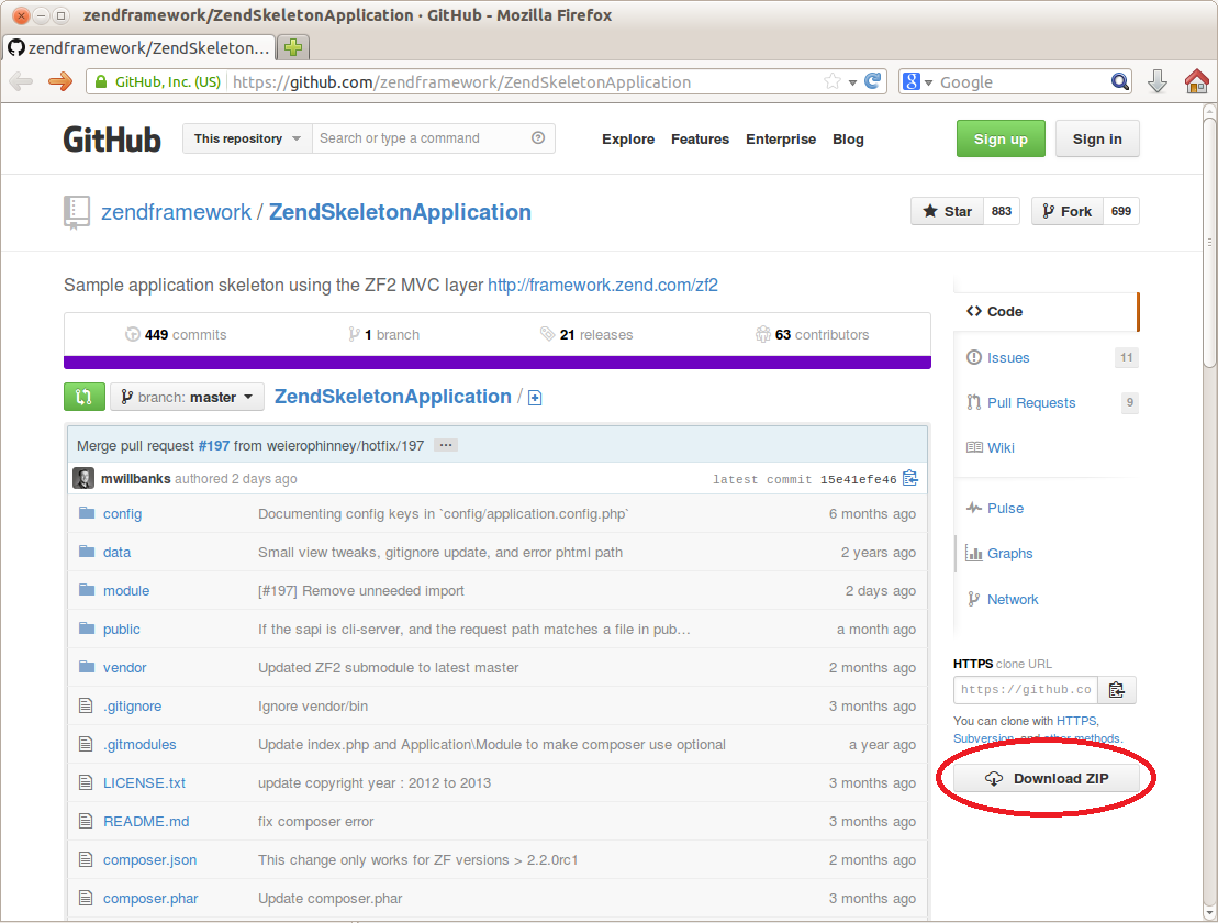 Figure 2.1. Zend Skeleton Application's code is stored on GitHub