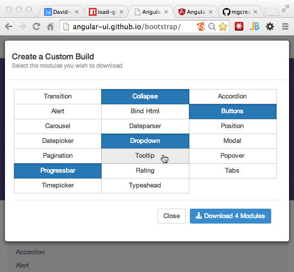 Screen grabs of the AngularUI team's custom build GUI